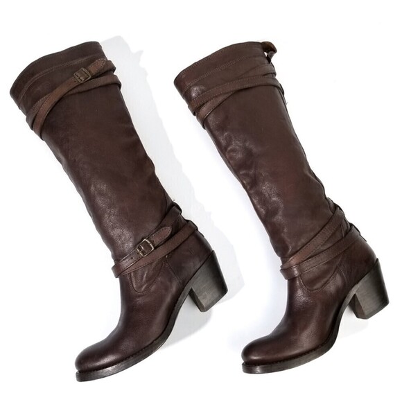 FRYE Jane Heritage Buckle Strap Knee High Western Riding Boots Horse Girl Brown - Picture 3 of 9